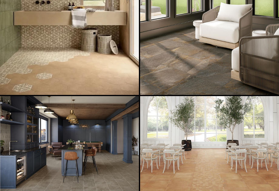 Collage of warm earth-tone tile installations, including a patterned bathroom floor, stone-look sunroom flooring, modern entertainment kitchen with dark cabinetry, and bright dining space with terracotta-style tile floors.